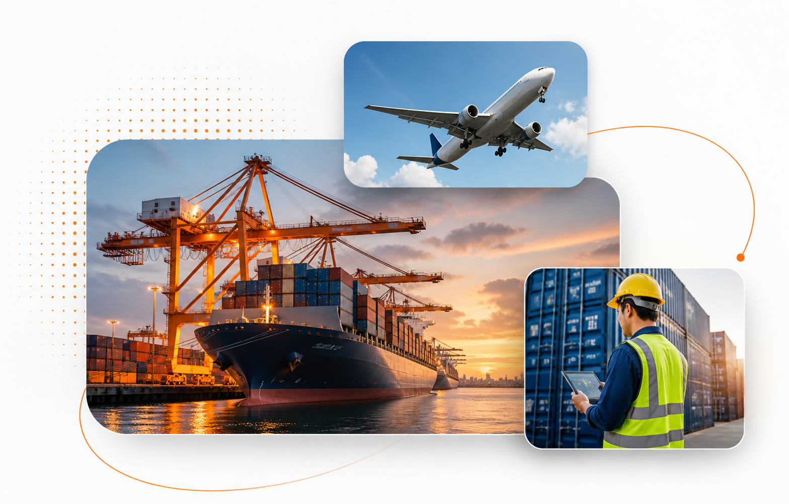 Cargo ship, airplane and logistics worker collage